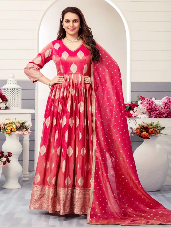 Magenta tissue silk floor length anarkali suit