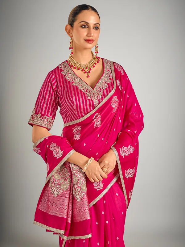 Magenta zari weaving dola silk wedding saree