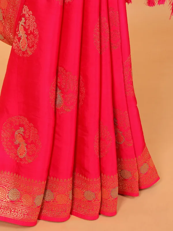 Magenta zari worked wedding saree in dola silk