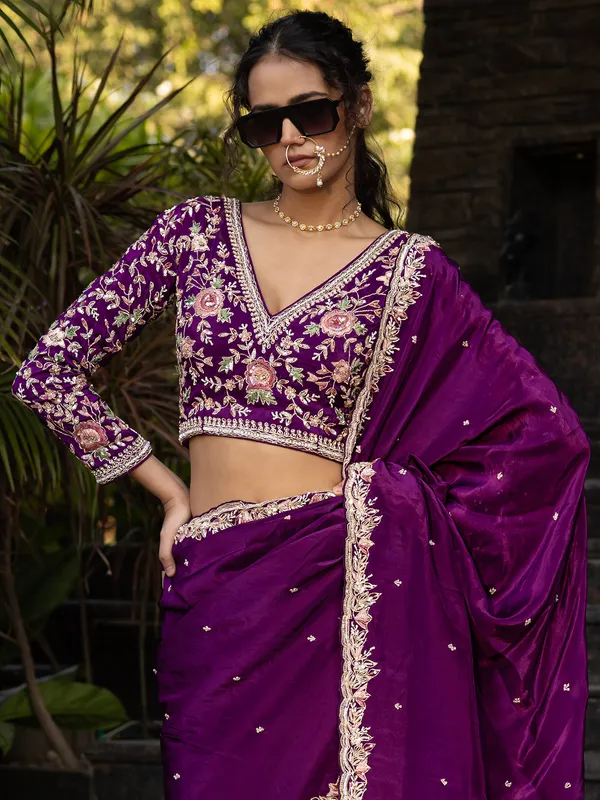 Magistic charming royal dark purple silk saree