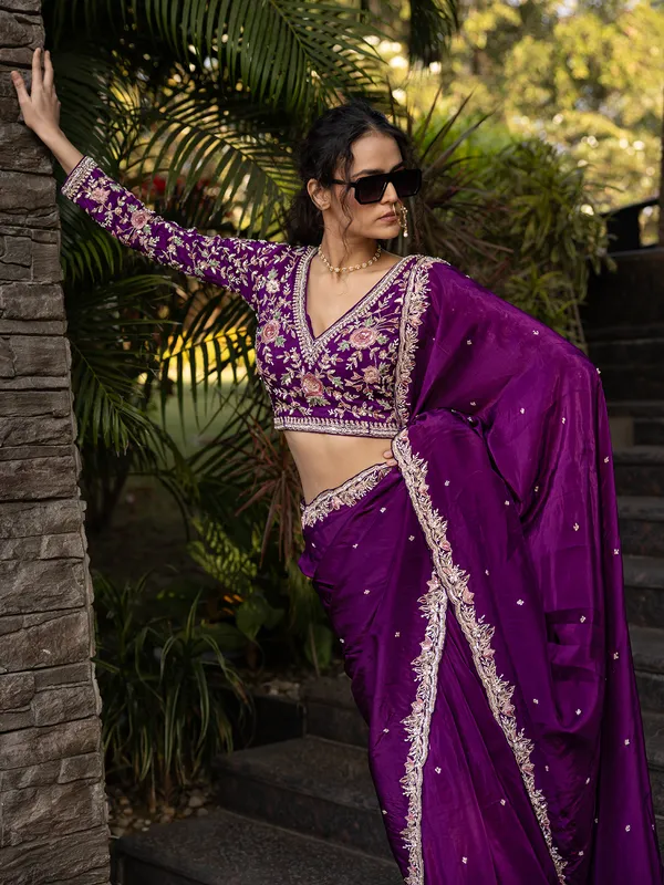 Magistic charming royal dark purple silk saree