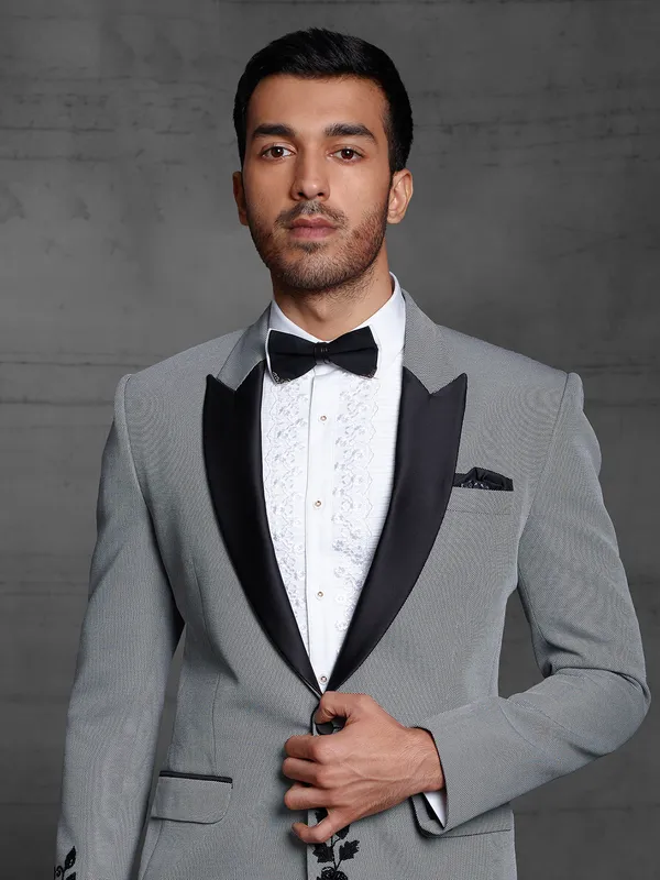 Magnificent grey hue terry rayon tuxedo coat suit for party