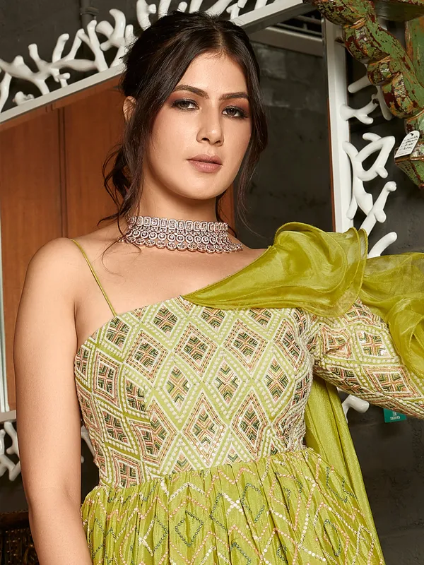 Mahendi green pretty floor-length gown in georgette fabric