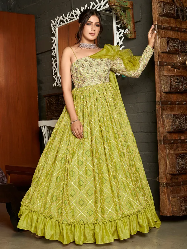 Mahendi green pretty floor-length gown in georgette fabric