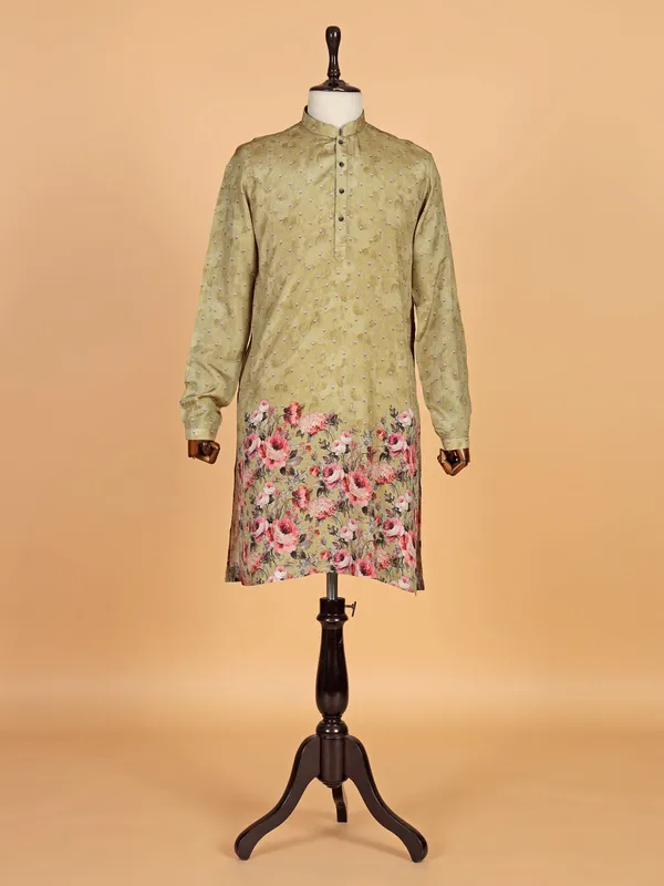 Mahendi green printed cotton silk kurta suit for men