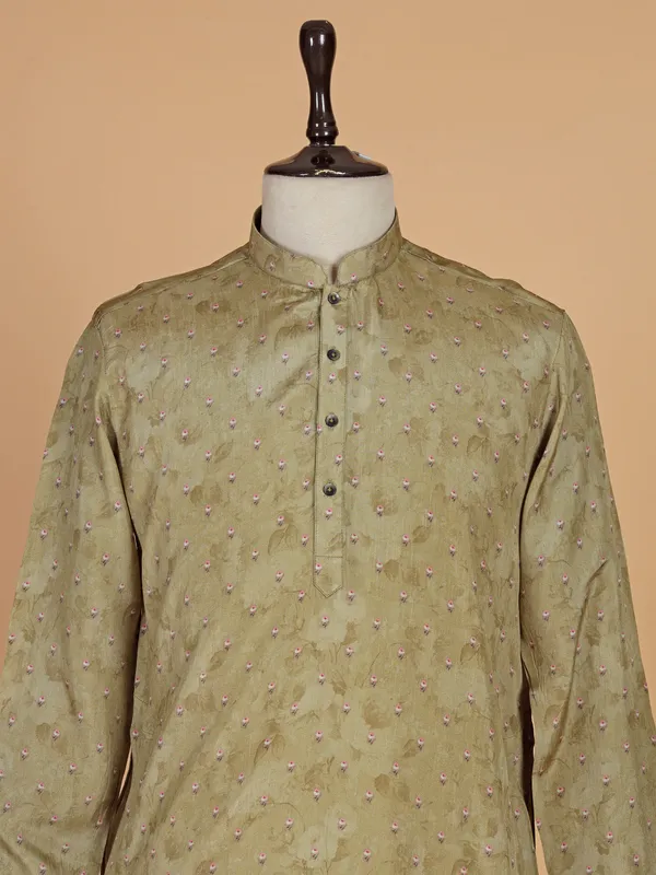 Mahendi green printed cotton silk kurta suit for men