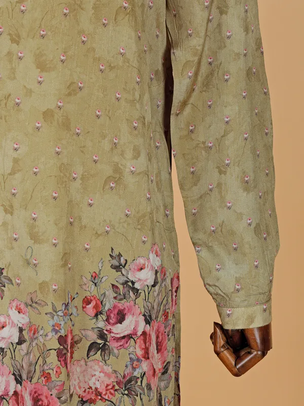 Mahendi green printed cotton silk kurta suit for men
