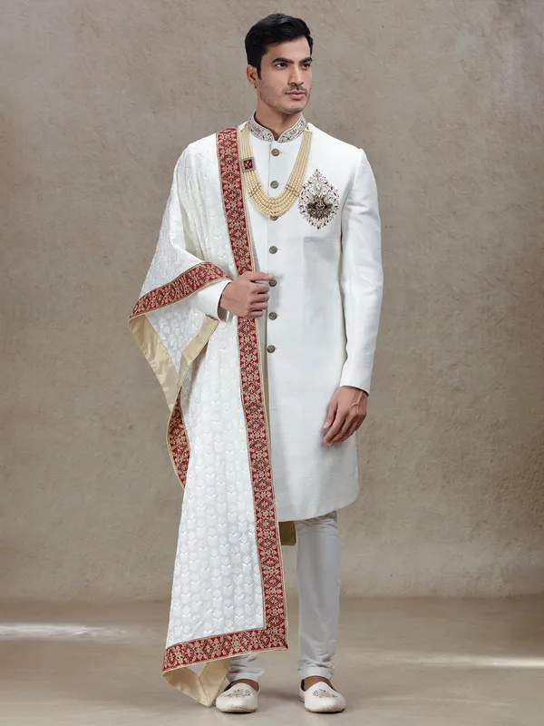 Majestic Off white sherwani with embroidery dupatta