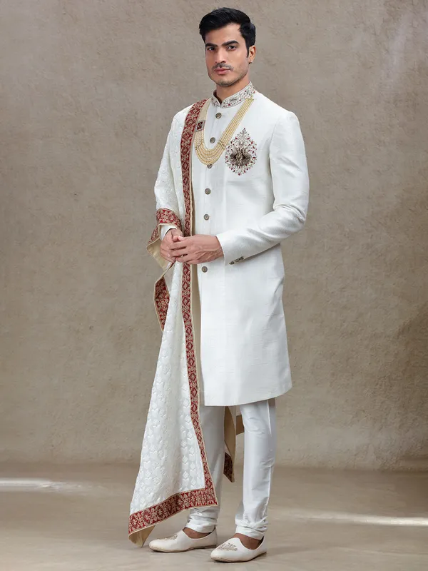 Majestic Off white sherwani with embroidery dupatta