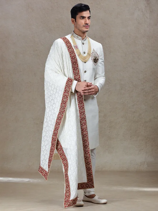 Majestic Off white sherwani with embroidery dupatta