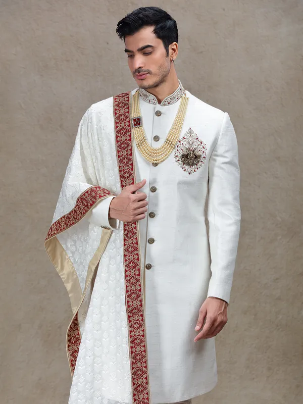 Majestic Off white sherwani with embroidery dupatta