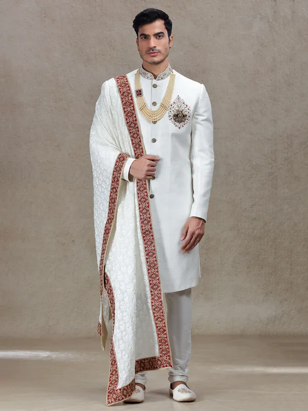 Majestic Off white sherwani with embroidery dupatta