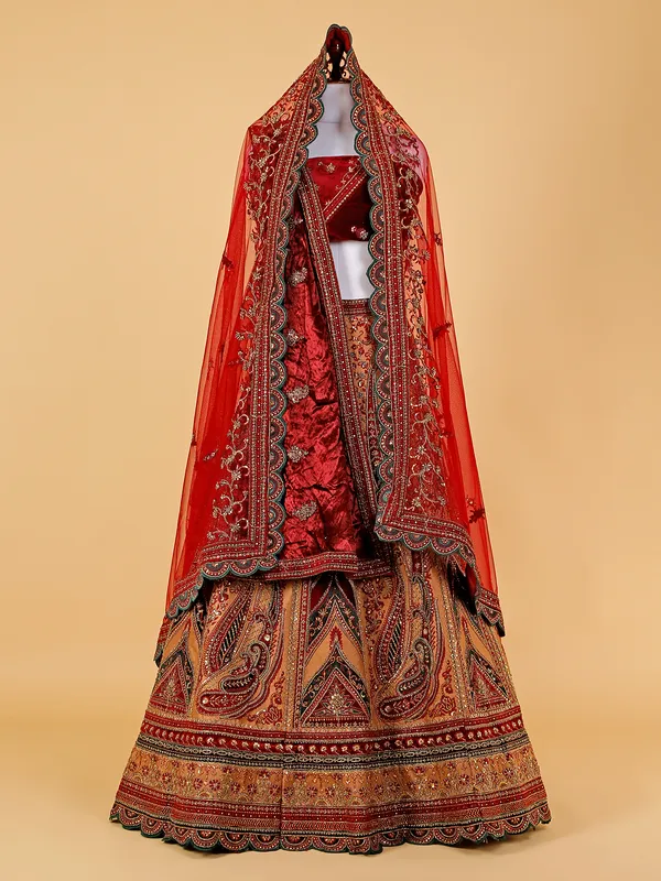Maroon and beige velvet lehenga choli for bridal