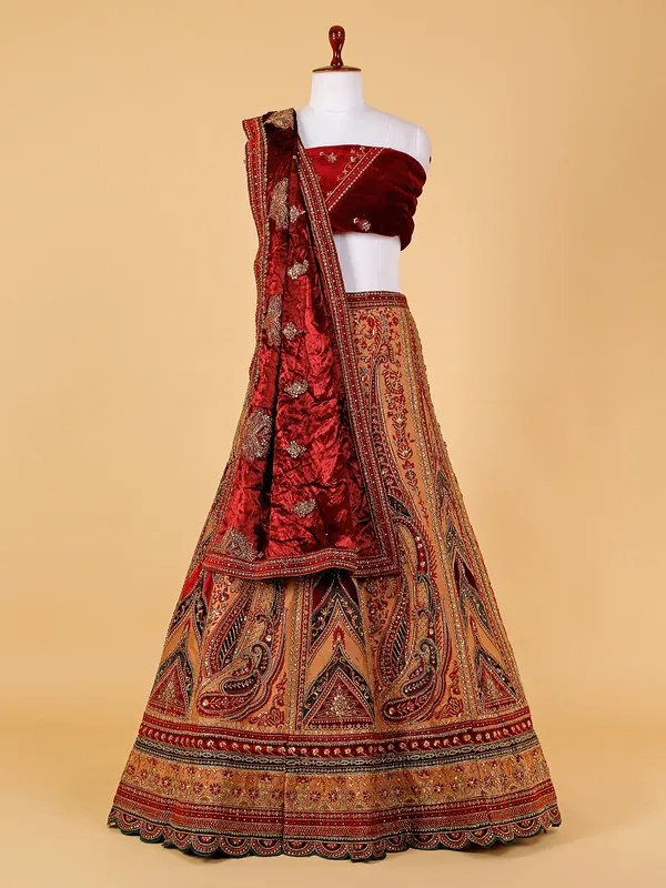 Maroon and beige velvet lehenga choli for bridal