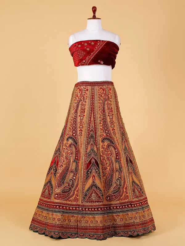 Maroon and beige velvet lehenga choli for bridal