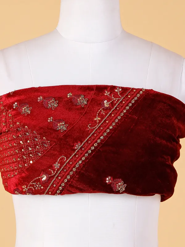 Maroon and beige velvet lehenga choli for bridal