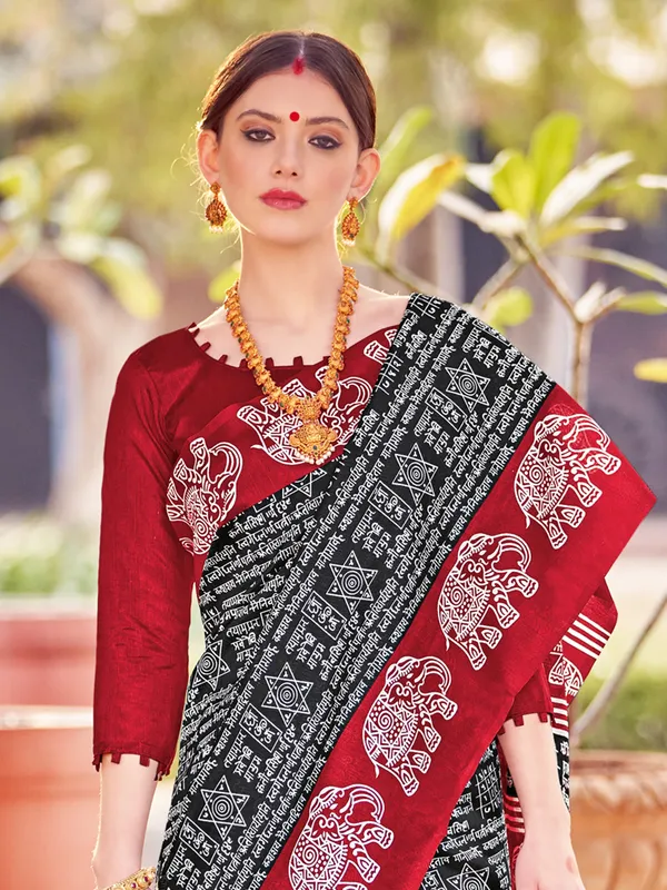 Maroon and black bhagalpuri silk saree with print