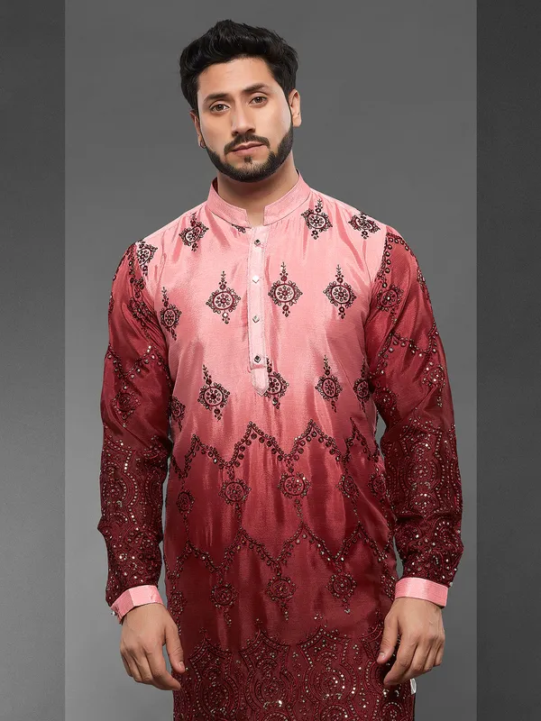 Maroon and light pink silk kurta suit for men