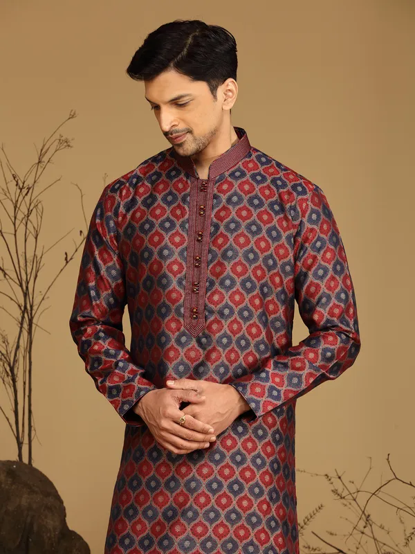 Maroon and navy silk kurta suit