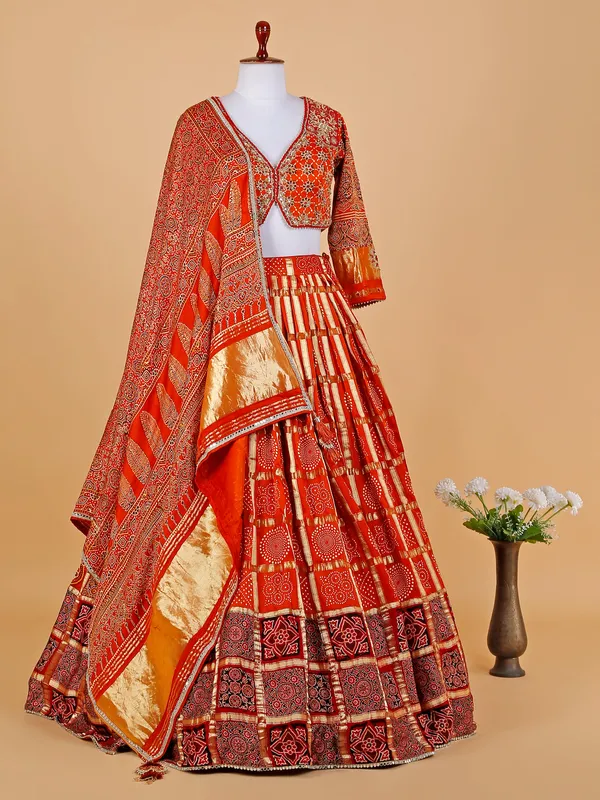 Maroon and orange modal silk lehenga choli