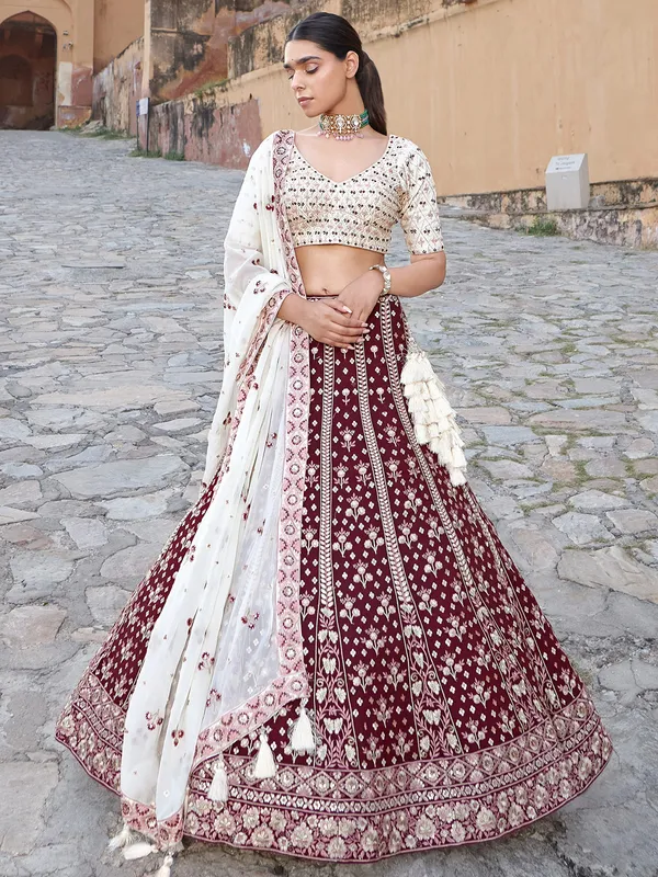 Maroon and white georgette lehenga choli