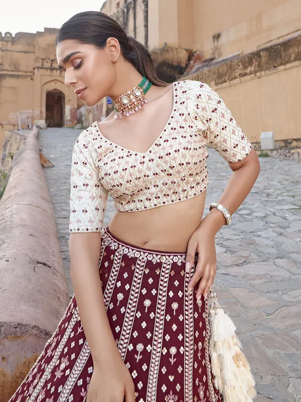 Maroon and white georgette lehenga choli