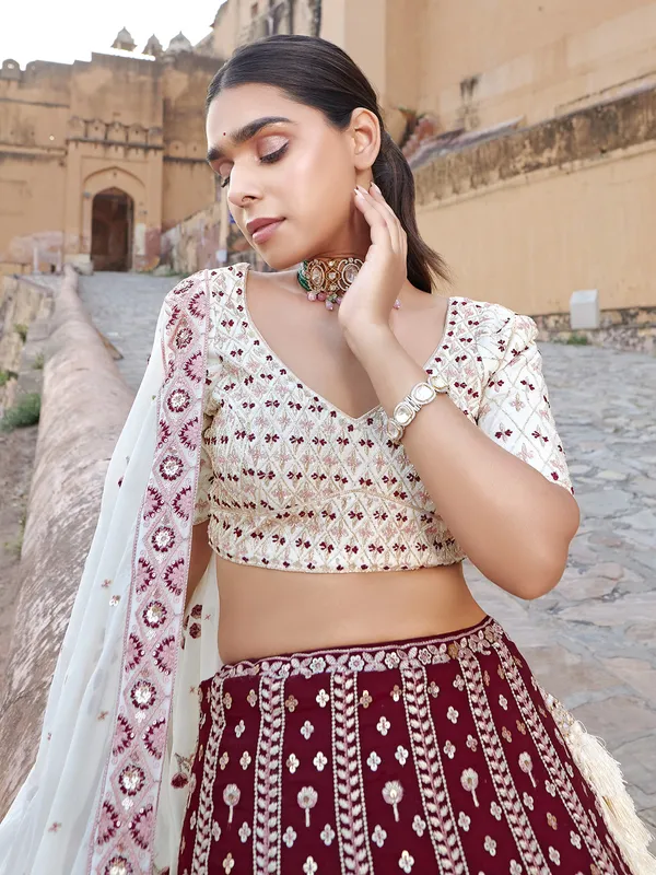 Maroon and white georgette lehenga choli