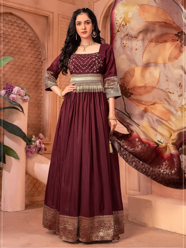 Maroon banarasi silk anarkali suit