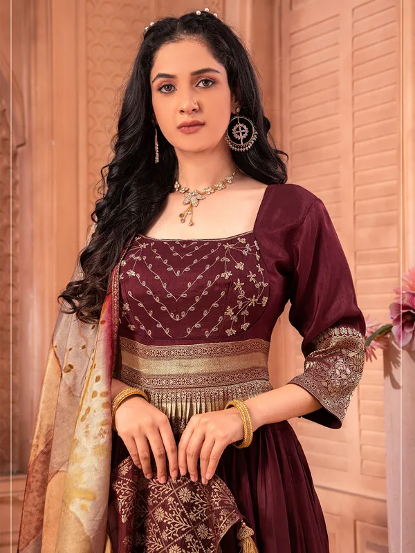 Maroon banarasi silk anarkali suit