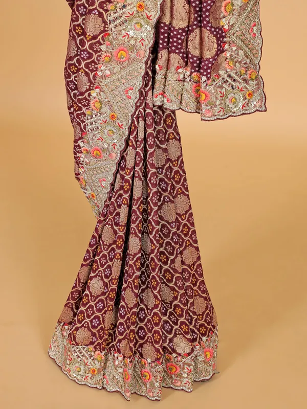 Maroon bandhani printed cotton silk saree