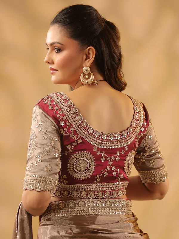 Maroon beige tissue silk saree with heavy blouse