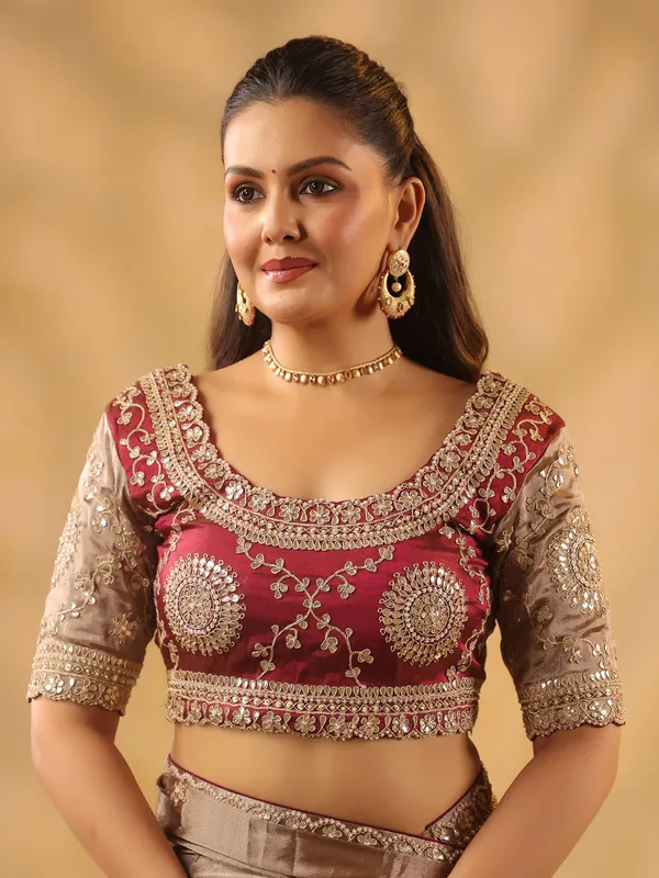 Maroon beige tissue silk saree with heavy blouse