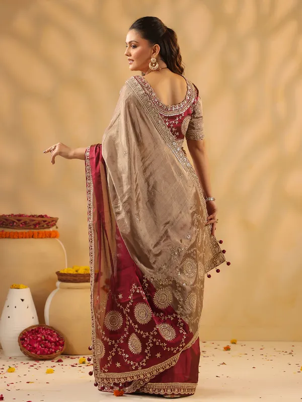 Maroon beige tissue silk saree with heavy blouse