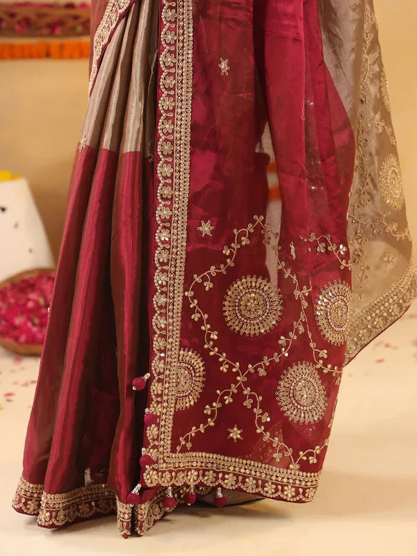 Maroon beige tissue silk saree with heavy blouse