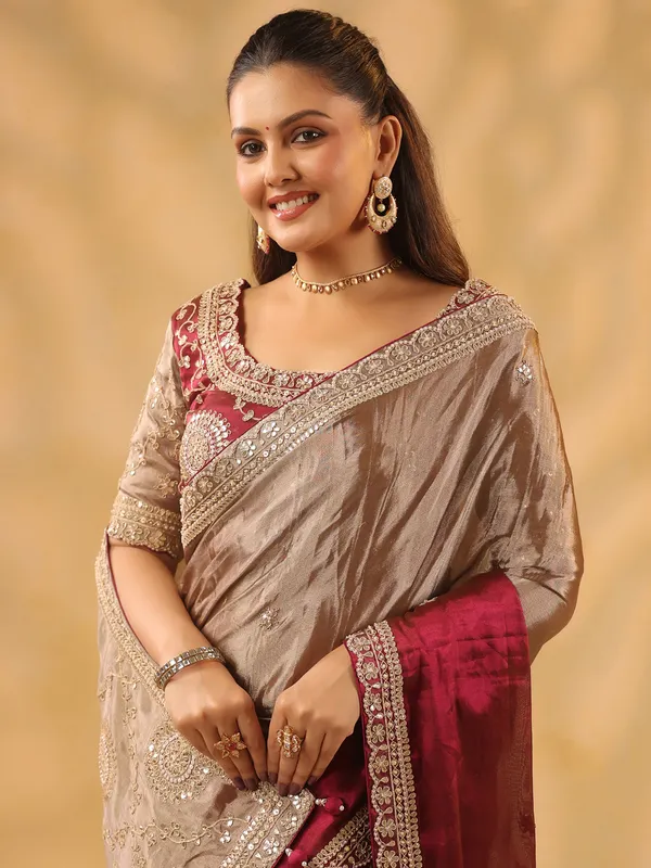 Maroon beige tissue silk saree with heavy blouse
