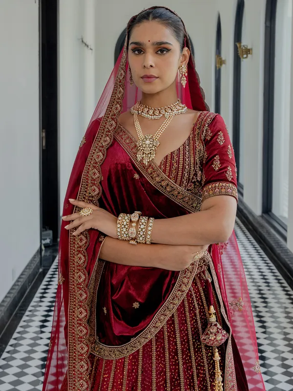 Maroon bridal lehenga choli in attractive velvet
