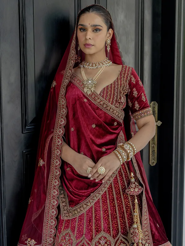 Maroon bridal lehenga choli in attractive velvet