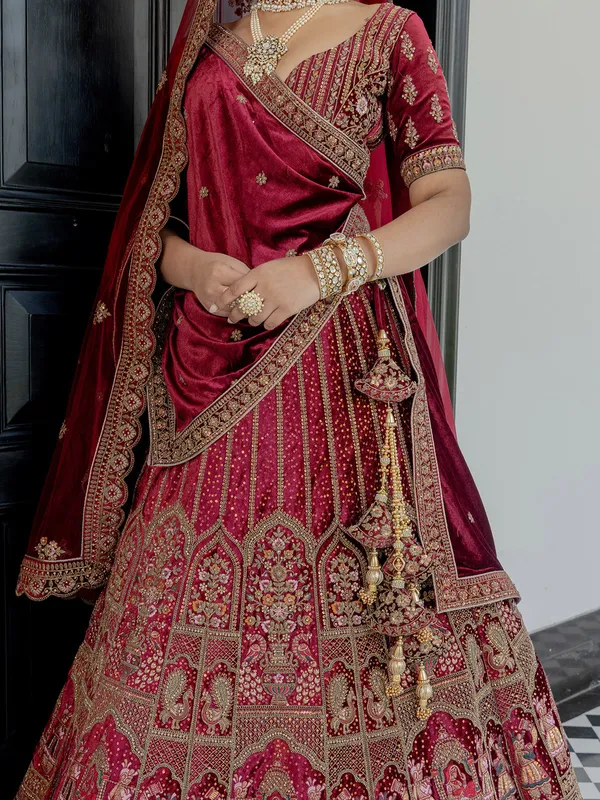 Maroon bridal lehenga choli in attractive velvet