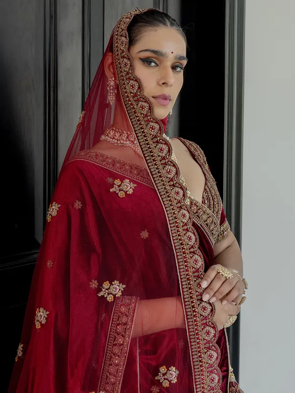 Maroon bridal lehenga choli in attractive velvet