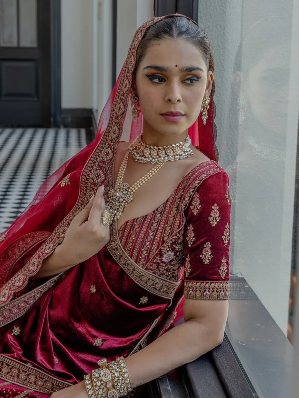 Maroon bridal lehenga choli in attractive velvet