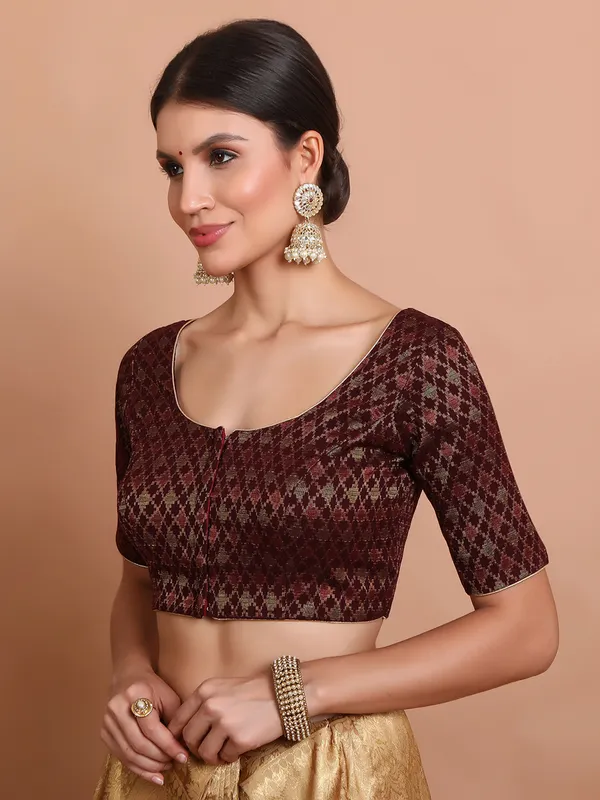 Maroon brocade round neck ready made blouse
