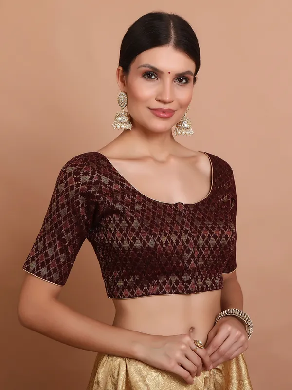 Maroon brocade round neck ready made blouse