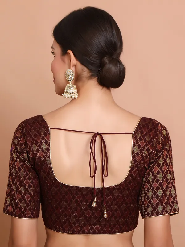 Maroon brocade round neck ready made blouse