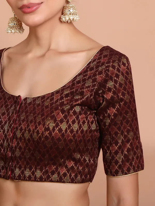 Maroon brocade round neck ready made blouse