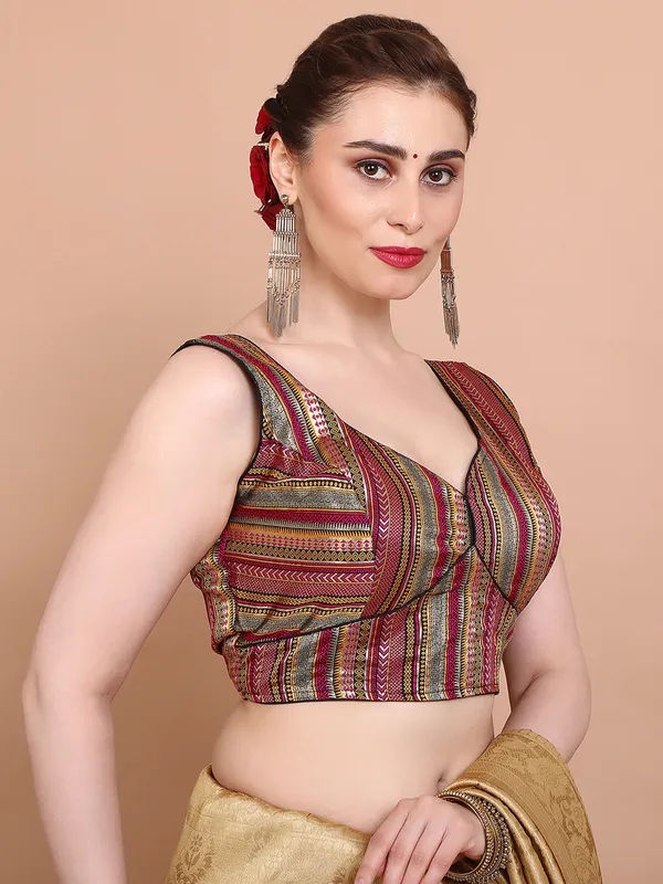 Maroon brocade sleeveless ready made blouse