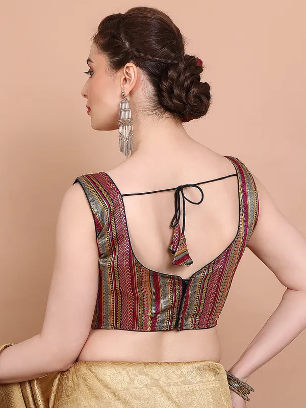 Maroon brocade sleeveless ready made blouse