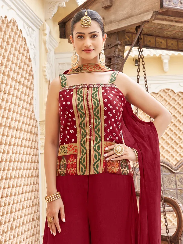 Maroon chiffon palazzo suit with thread detailing