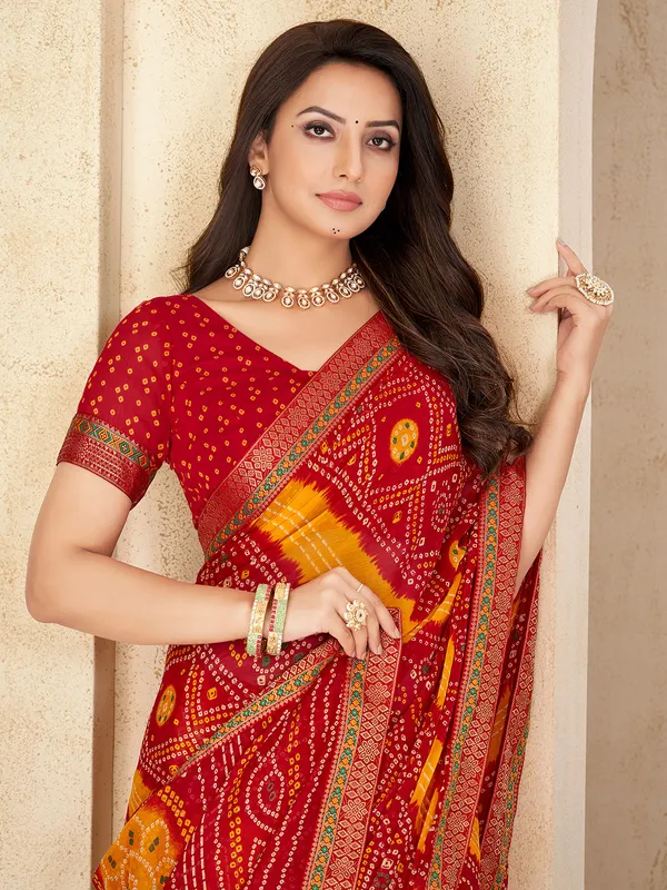 Maroon chiffon saree with bandhani print
