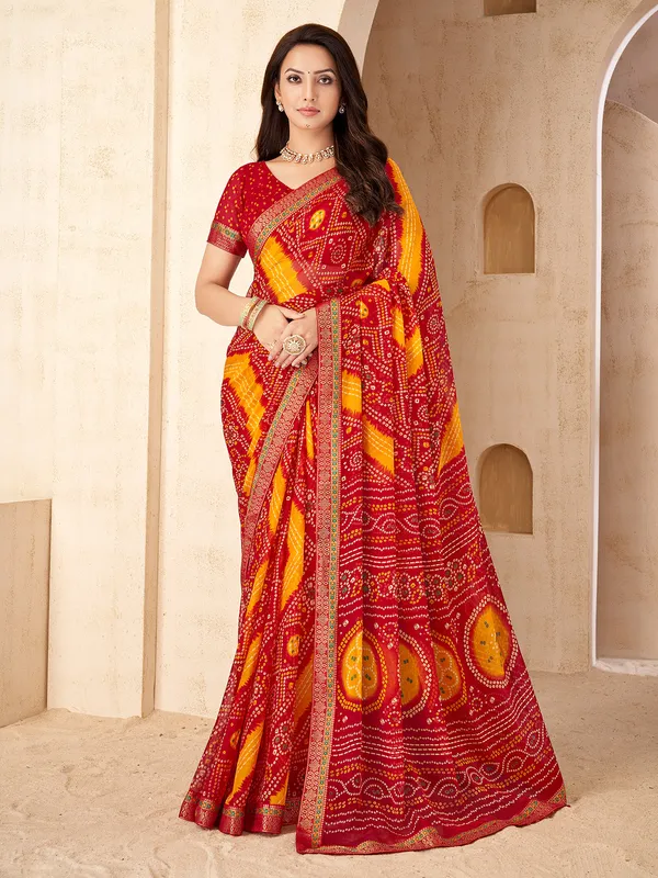 Maroon chiffon saree with bandhani print