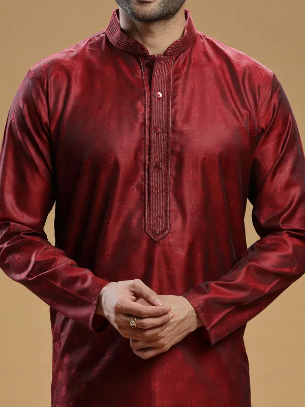 Maroon color silk Kurta Set for Men